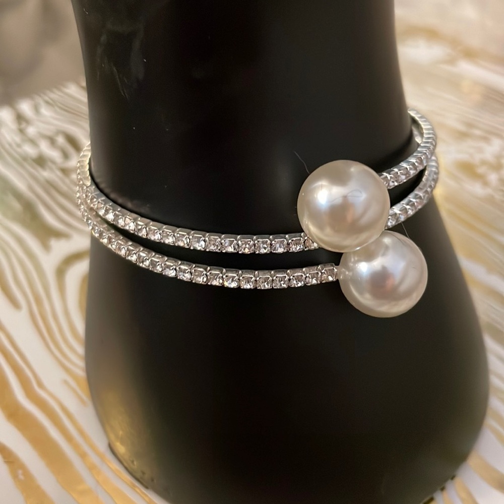 Elegant Silver Tone Rhinestone and Pearl Wrap Bracelet